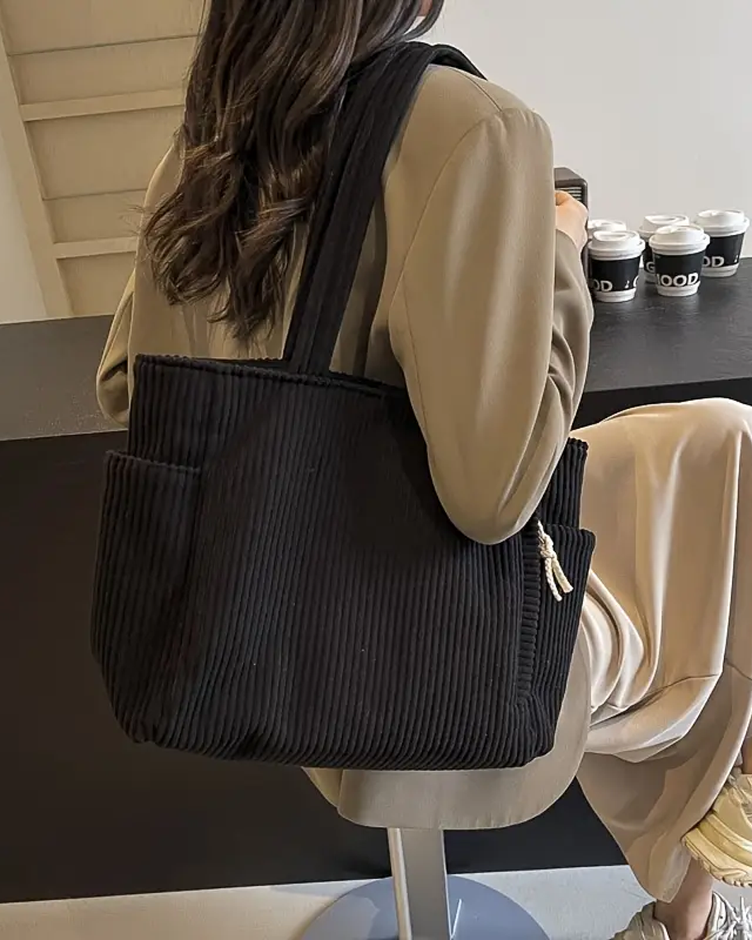 FREYA | RIBBED TOTE BAG WITH CORD DETAIL