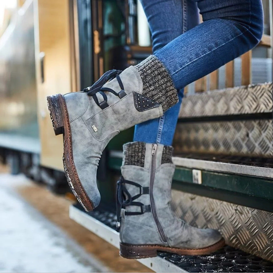 QUINN | KNIT CUFF LACE-UP MID-CALF BOOTS