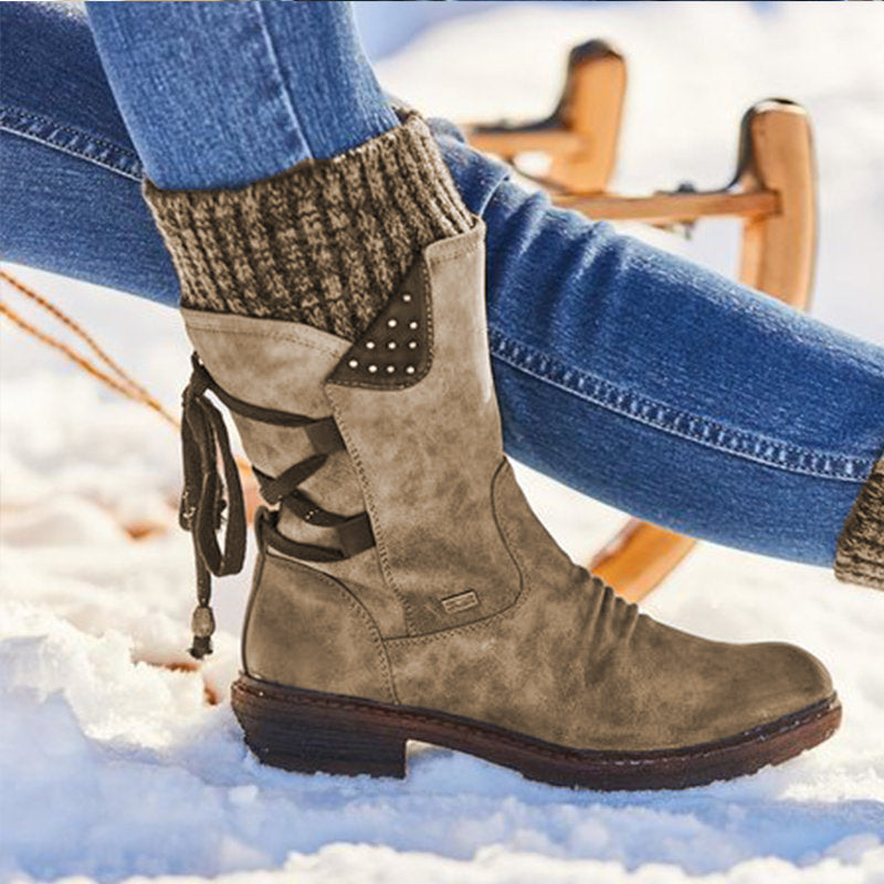QUINN | KNIT CUFF LACE-UP MID-CALF BOOTS