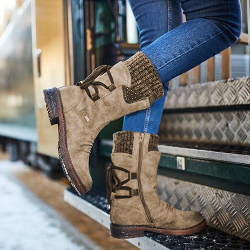 QUINN | KNIT CUFF LACE-UP MID-CALF BOOTS