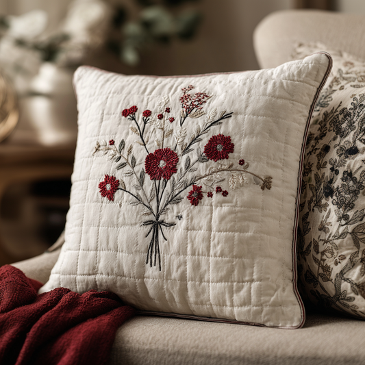 CRIMSONBLOOM | RED FLORAL QUILTED CUSHION COVER
